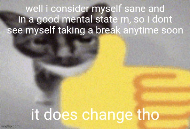 thumbs up cat | well i consider myself sane and in a good mental state rn, so i dont see myself taking a break anytime soon; it does change tho | image tagged in thumbs up cat | made w/ Imgflip meme maker