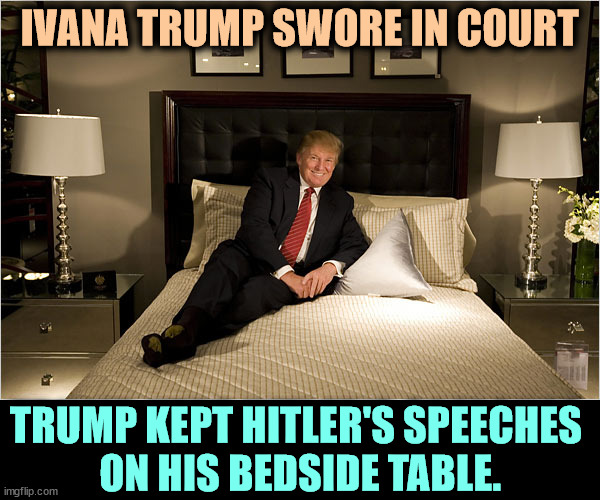 IVANA TRUMP SWORE IN COURT; TRUMP KEPT HITLER'S SPEECHES 
ON HIS BEDSIDE TABLE. | image tagged in trump,hitler,lover,nazi,wannabe | made w/ Imgflip meme maker