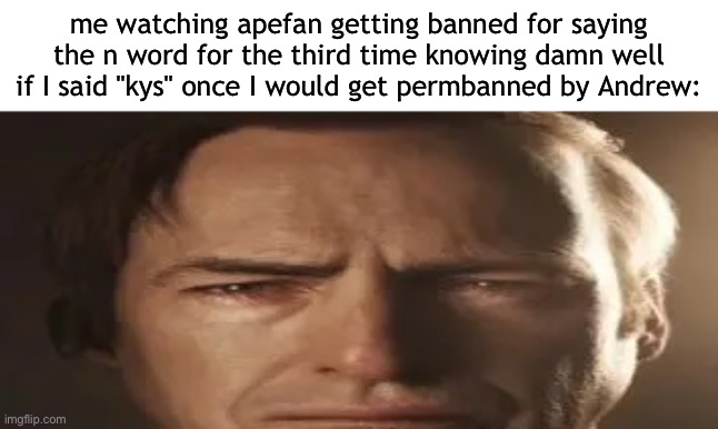 me watching apefan getting banned for saying the n word for the third time knowing damn well if I said "kys" once I would get permbanned by Andrew: | made w/ Imgflip meme maker