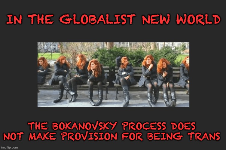 Globalist will use Eugenics to Eradicate Human Deviation... | IN THE GLOBALIST NEW WORLD; THE BOKANOVSKY PROCESS DOES NOT MAKE PROVISION FOR BEING TRANS | image tagged in eugenics,globalism,trans,deviant | made w/ Imgflip meme maker