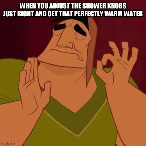 Man I’m staying in there for a whole day! | WHEN YOU ADJUST THE SHOWER KNOBS JUST RIGHT AND GET THAT PERFECTLY WARM WATER | image tagged in pacha perfect,memes,funny,relatable,shower | made w/ Imgflip meme maker