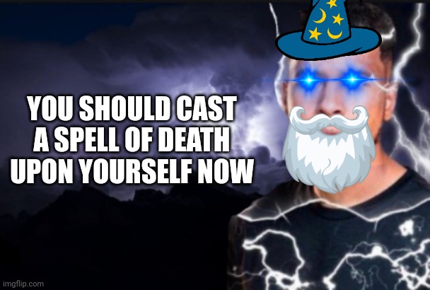 Wizard meme | YOU SHOULD CAST A SPELL OF DEATH UPON YOURSELF NOW | image tagged in you should kill yourself now | made w/ Imgflip meme maker