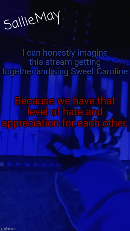 The song is stuck in my head | I can honestly imagine this stream getting together and sing Sweet Caroline; Because we have that level of hate and appreciation for each other. | image tagged in sallie's temp by hannibal | made w/ Imgflip meme maker