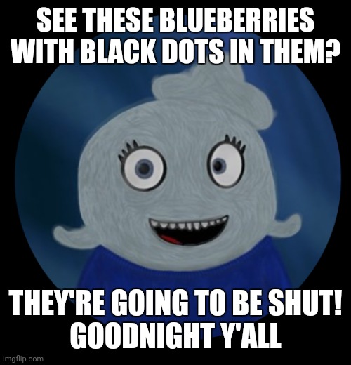 Zzzzzz | SEE THESE BLUEBERRIES WITH BLACK DOTS IN THEM? THEY'RE GOING TO BE SHUT!
GOODNIGHT Y'ALL | image tagged in itsblueworld07 pfp | made w/ Imgflip meme maker