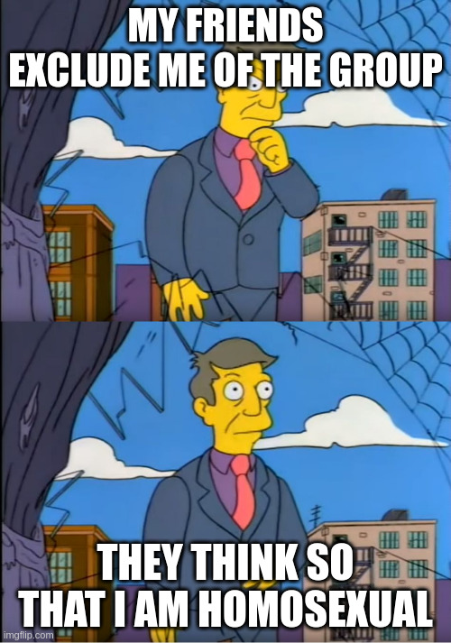 exclude | MY FRIENDS EXCLUDE ME OF THE GROUP; THEY THINK SO THAT I AM HOMOSEXUAL | image tagged in skinner out of touch | made w/ Imgflip meme maker