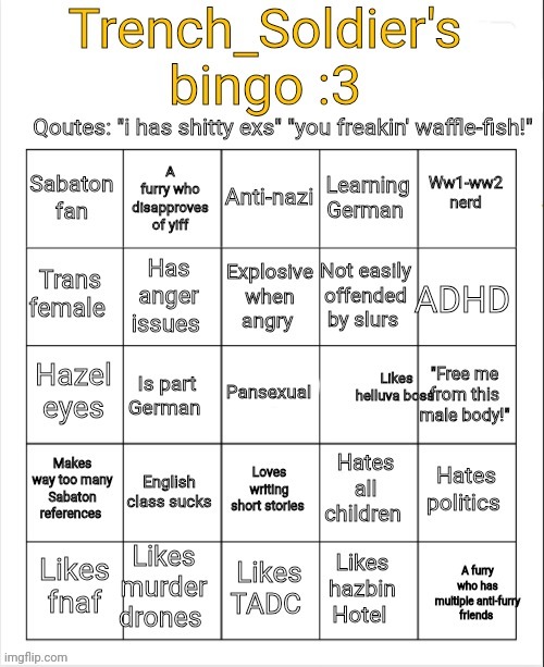 New bingo for y'all | image tagged in trench_soldier's bingo | made w/ Imgflip meme maker