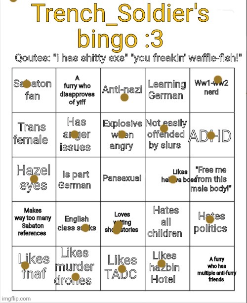 Trench_Soldier's bingo | image tagged in trench_soldier's bingo | made w/ Imgflip meme maker