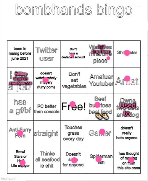 Bombhands bingo | Just One Piece; Willing to get an awesome one; Used to; 🌯🌯 | image tagged in bombhands bingo,bingo,msmg bingo,bingos,msmg,bombhands | made w/ Imgflip meme maker