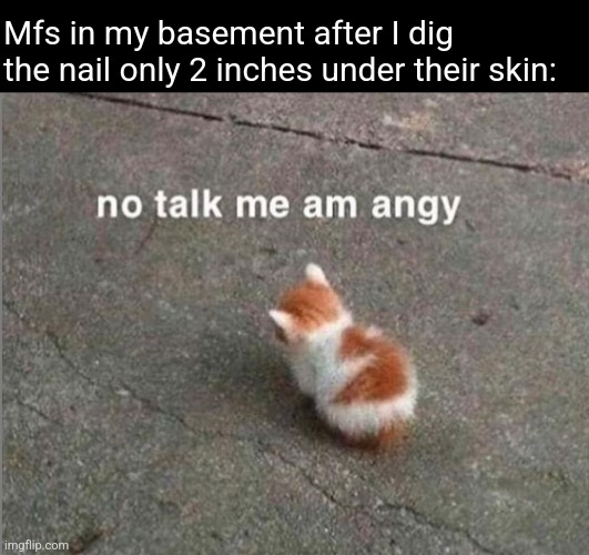 Pathetic | Mfs in my basement after I dig the nail only 2 inches under their skin: | image tagged in no talk me am angy | made w/ Imgflip meme maker