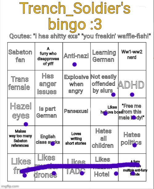 Ok one last post before eepy time | image tagged in trench_soldier's bingo | made w/ Imgflip meme maker