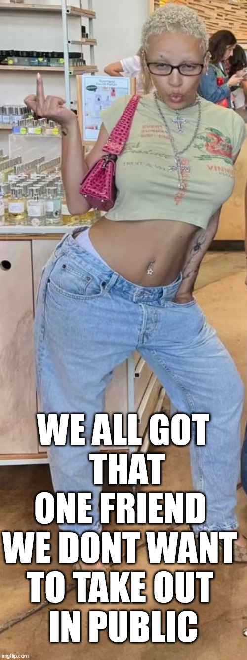 we all got  that one friend we dont want to take out in public | WE ALL GOT
 THAT ONE FRIEND 
WE DONT WANT 
TO TAKE OUT 
IN PUBLIC | image tagged in doja cat,funny,friend,public,crazy,crackhead | made w/ Imgflip meme maker