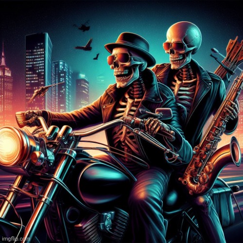 image tagged in badass skeletons on a cool motorcycle with a saxophone | made w/ Imgflip meme maker