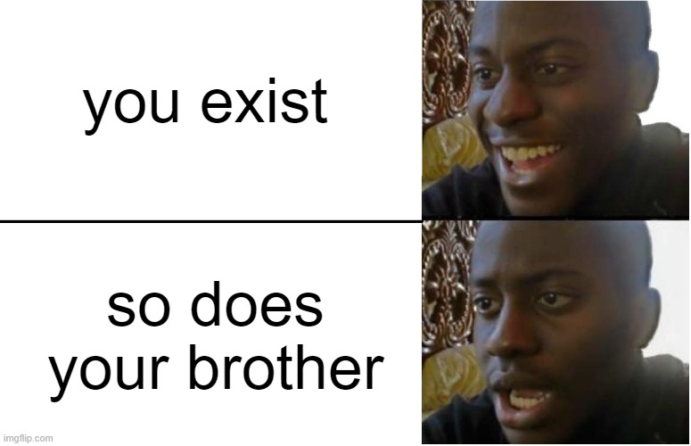 Lmao i don't have a brother (I do have a sweet little sister tho) | you exist; so does your brother | image tagged in disappointed black guy,memes | made w/ Imgflip meme maker
