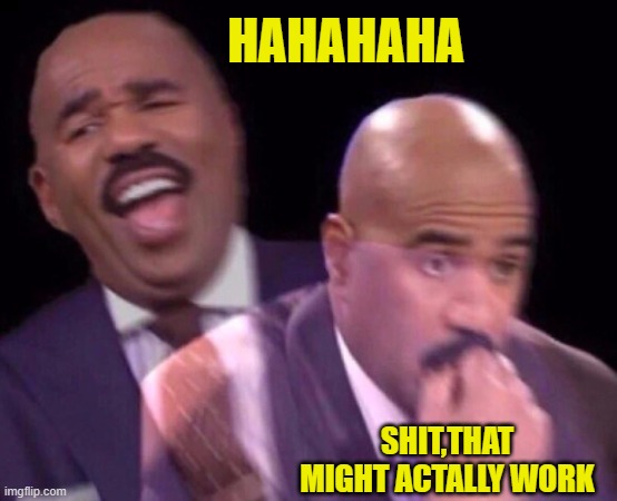 Steve Harvey Laughing Serious | HAHAHAHA SHIT,THAT MIGHT ACTALLY WORK | image tagged in steve harvey laughing serious | made w/ Imgflip meme maker