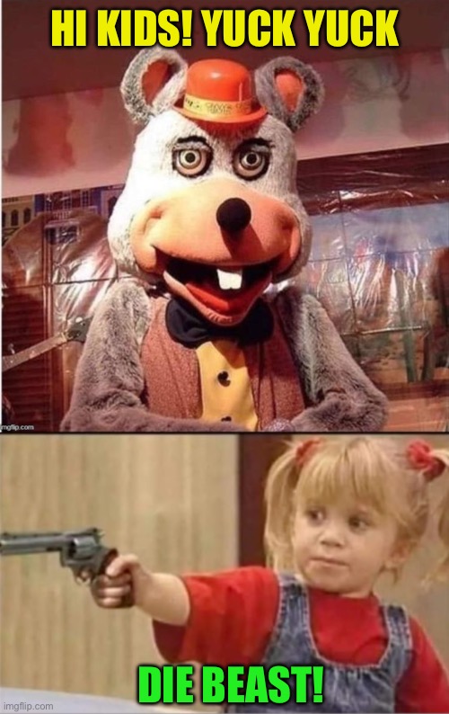 HI KIDS! YUCK YUCK DIE BEAST! | image tagged in toddler with gun | made w/ Imgflip meme maker