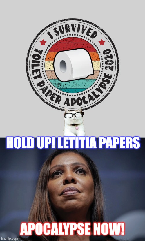 Election Interference? Black Hat AG with TDS rolls the Winter White House. #TRUMP2024 | HOLD UP! LETITIA PAPERS; APOCALYPSE NOW! | image tagged in letitia james looks up,never trump,tds,toilet paper,fraud,the great awakening | made w/ Imgflip meme maker