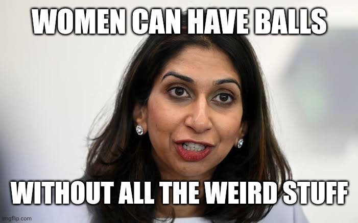 Suella Braverman | WOMEN CAN HAVE BALLS; WITHOUT ALL THE WEIRD STUFF | image tagged in braverman,brave | made w/ Imgflip meme maker