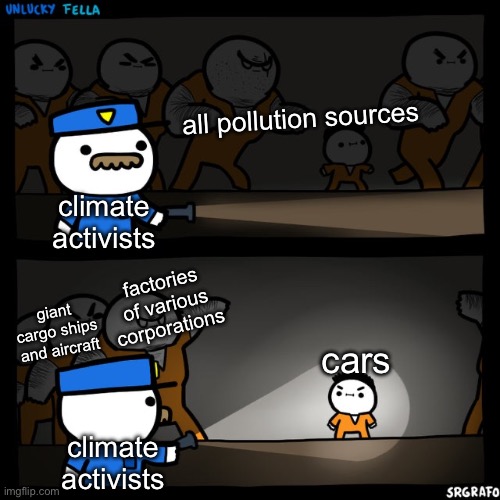 e | all pollution sources; climate activists; factories of various corporations; giant cargo ships and aircraft; cars; climate activists | image tagged in srgrafo prison,climate change,pollution,irony,bruh moment,memes | made w/ Imgflip meme maker