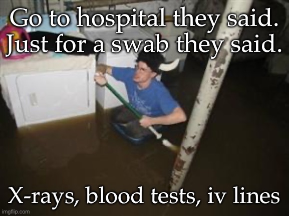 Well… it didn’t kill me | Go to hospital they said.
Just for a swab they said. X-rays, blood tests, iv lines | image tagged in it will be fun they said,hospital,xray,blood,test | made w/ Imgflip meme maker