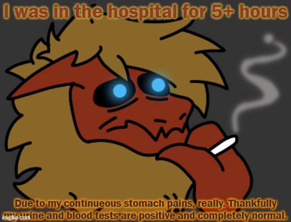 The needle was left in me, and my anxiety spiked so I had to go home | I was in the hospital for 5+ hours; Due to my continueous stomach pains, really. Thankfully my urine and blood tests are positive and completely normal. | image tagged in smok | made w/ Imgflip meme maker