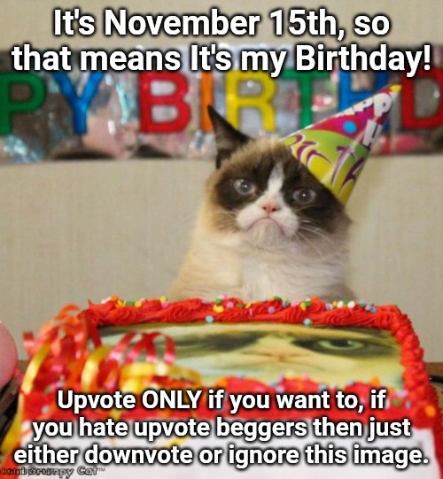 I'm not really begging for upvotes here, i just want people only to upvote if they WANT to. And sorry if this is upvote begging  | It's November 15th, so that means It's my Birthday! Upvote ONLY if you want to, if you hate upvote beggers then just either downvote or ignore this image. | image tagged in memes,grumpy cat birthday,grumpy cat,birthday,november | made w/ Imgflip meme maker
