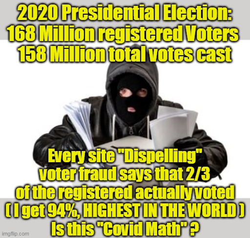 Is it me? Am I missing something ? (seriously) | 2020 Presidential Election:
168 Million registered Voters 
158 Million total votes cast; Every site "Dispelling" voter fraud says that 2/3 of the registered actually voted
( I get 94%, HIGHEST IN THE WORLD )
Is this "Covid Math" ? | image tagged in voter percentage meme | made w/ Imgflip meme maker