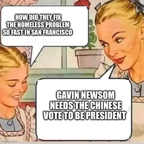 Newsom(e) | HOW DID THEY FIX THE HOMELESS PROBLEM SO FAST IN SAN FRANCISCO; GAVIN NEWSOM NEEDS THE CHINESE VOTE TO BE PRESIDENT | image tagged in mom knows,memes,funny,gifs,gavin | made w/ Imgflip meme maker