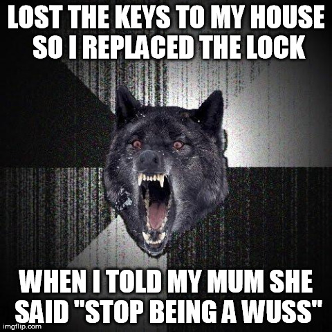 Insanity Wolf | LOST THE KEYS TO MY HOUSE SO I REPLACED THE LOCK WHEN I TOLD MY MUM SHE SAID "STOP BEING A WUSS" | image tagged in memes,insanity wolf,AdviceAnimals | made w/ Imgflip meme maker