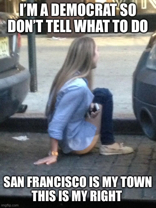 San Francisco poop town | I’M A DEMOCRAT SO DON’T TELL WHAT TO DO; SAN FRANCISCO IS MY TOWN
THIS IS MY RIGHT | image tagged in democrats shit,funny,memes | made w/ Imgflip meme maker