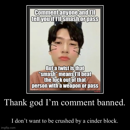 Thank god I’m comment banned. | I don’t want to be crushed by a cinder block. | image tagged in funny,demotivationals | made w/ Imgflip demotivational maker