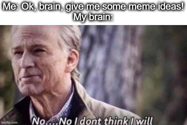 Sometimes I just cannot think of a meme... | Me: Ok, brain, give me some meme ideas!
My brain: | image tagged in no i don't think i will,oh no,meme,thinking,brain,lol | made w/ Imgflip meme maker