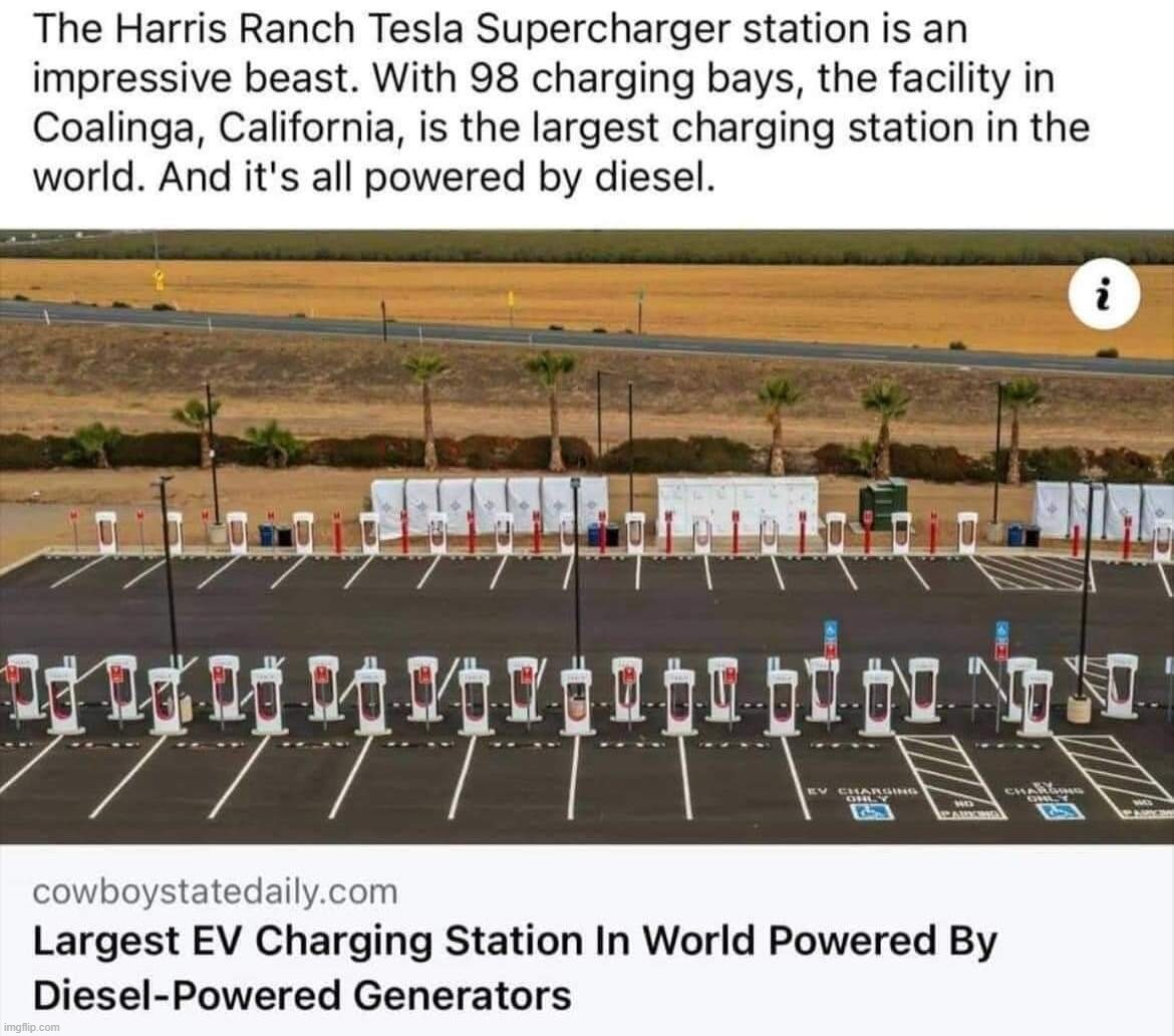 Fun Facts: World's Largest EV Charging Station is Powered by Diesel Generators | image tagged in electric vehicles,charging station,charger,california,coal,diesel | made w/ Imgflip meme maker