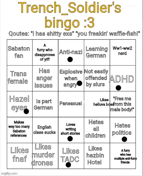 e | image tagged in trench_soldier's bingo | made w/ Imgflip meme maker