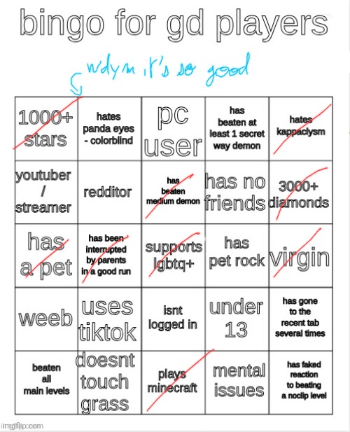 Goofy aaaah bingo ngl | image tagged in gd bingo | made w/ Imgflip meme maker