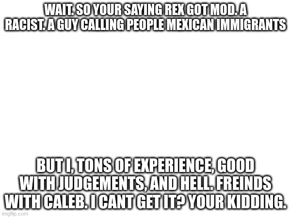 caleb please..im not mad he got mod back but bruh im confused as hell.. | WAIT. SO YOUR SAYING REX GOT MOD. A RACIST. A GUY CALLING PEOPLE MEXICAN IMMIGRANTS; BUT I, TONS OF EXPERIENCE, GOOD WITH JUDGEMENTS, AND HELL. FREINDS WITH CALEB. I CANT GET IT? YOUR KIDDING. | image tagged in oh wow are you actually reading these tags | made w/ Imgflip meme maker