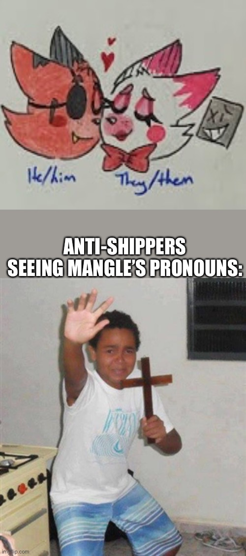 As a FNAF fan, what the hell | ANTI-SHIPPERS SEEING MANGLE’S PRONOUNS: | image tagged in stay back you demon | made w/ Imgflip meme maker