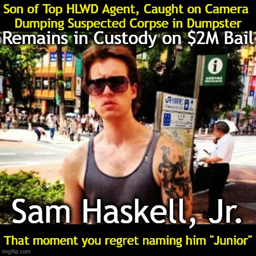 Video evidence is not what his dad had envisioned for Junior.... | Son of Top HLWD Agent, Caught on Camera 
Dumping Suspected Corpse in Dumpster; Remains in Custody on $2M Bail; Sam Haskell, Jr. That moment you regret naming him "Junior" | image tagged in dark humor,junior,oops,dumpster,diver,evidence | made w/ Imgflip meme maker