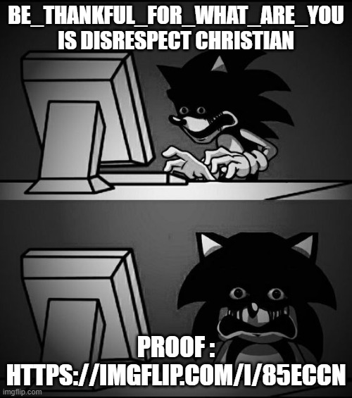 be_thankful_for_what_are_you need shut up | BE_THANKFUL_FOR_WHAT_ARE_YOU IS DISRESPECT CHRISTIAN; PROOF : HTTPS://IMGFLIP.COM/I/85ECCN | image tagged in sonic computer,team wheatley sucks,christian | made w/ Imgflip meme maker