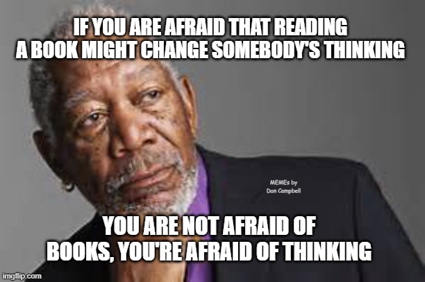 Deep Thoughts By Morgan Freeman  | IF YOU ARE AFRAID THAT READING A BOOK MIGHT CHANGE SOMEBODY'S THINKING; MEMEs by Dan Campbell; YOU ARE NOT AFRAID OF BOOKS, YOU'RE AFRAID OF THINKING | image tagged in deep thoughts by morgan freeman | made w/ Imgflip meme maker