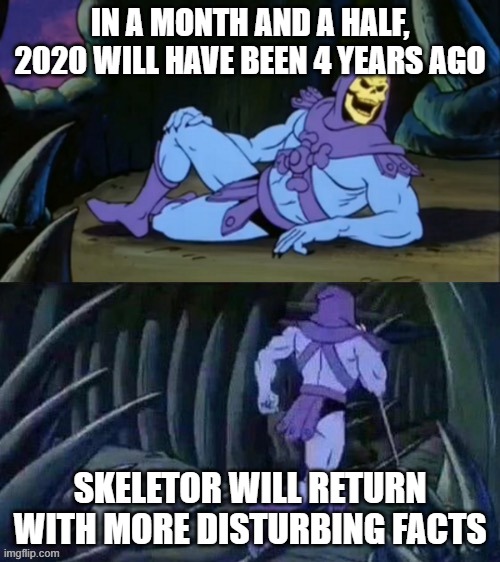 Time flies like an arrow... Fruit flies like a banana | IN A MONTH AND A HALF, 2020 WILL HAVE BEEN 4 YEARS AGO; SKELETOR WILL RETURN WITH MORE DISTURBING FACTS | image tagged in skeletor disturbing facts | made w/ Imgflip meme maker