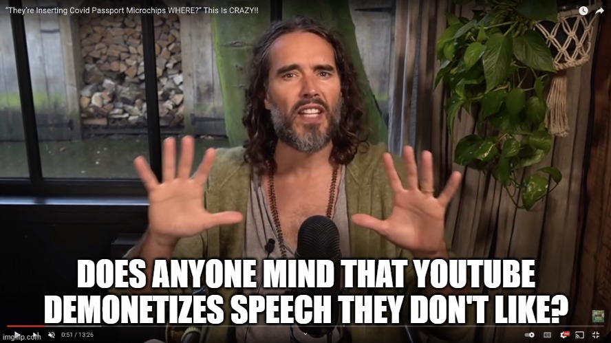 Russell Brand | DOES ANYONE MIND THAT YOUTUBE DEMONETIZES SPEECH THEY DON'T LIKE? | image tagged in russell brand | made w/ Imgflip meme maker