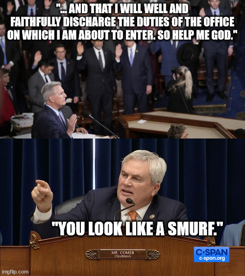 Another childish Republican violating his oath of office. | "YOU LOOK LIKE A SMURF." | image tagged in republican clownshow,kindergartener james comer | made w/ Imgflip meme maker
