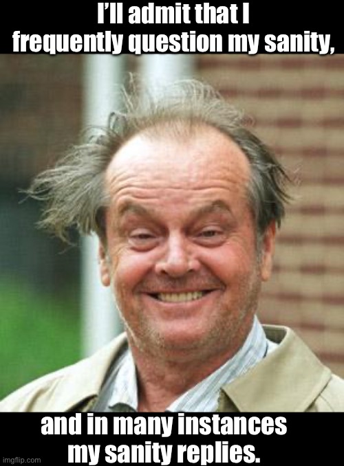 Sanity | I’ll admit that I frequently question my sanity, and in many instances my sanity replies. | image tagged in jack nicholson crazy hair | made w/ Imgflip meme maker