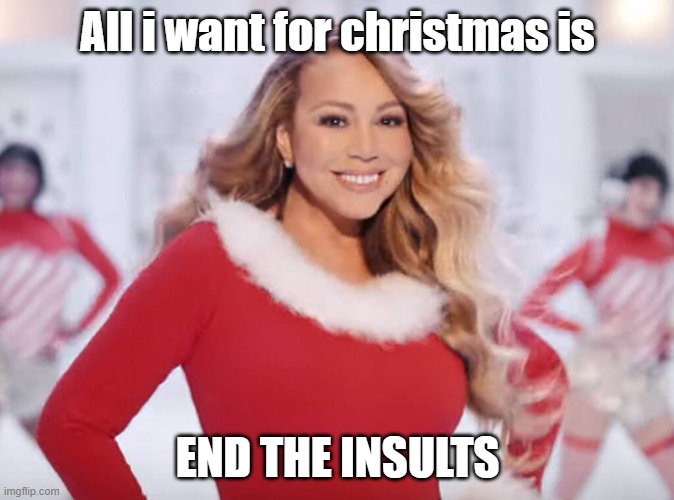 I Guess. | All i want for christmas is; END THE INSULTS | image tagged in mariah carey all i want for christmas is you,end the insults | made w/ Imgflip meme maker