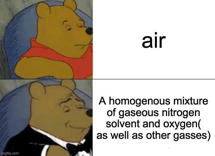 a nerd told me this yesterday... kinda funny | air; A homogenous mixture of gaseous nitrogen solvent and oxygen( as well as other gasses) | image tagged in memes,tuxedo winnie the pooh | made w/ Imgflip meme maker