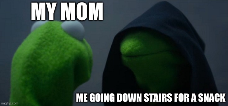 Evil Kermit Meme | MY MOM; ME GOING DOWN STAIRS FOR A SNACK | image tagged in memes,evil kermit | made w/ Imgflip meme maker