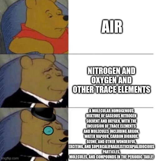 Tuxedo Winnie the Pooh (3 panel) | AIR NITROGEN AND OXYGEN AND OTHER TRACE ELEMENTS A MOLECULAR HOMOGENOUS MIXTURE OF GASEOUS NITROGEN SOLVENT AND OXYGEN, WITH THE INCLUSION O | image tagged in tuxedo winnie the pooh 3 panel | made w/ Imgflip meme maker