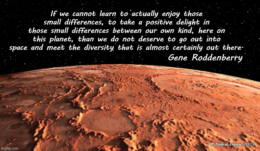 Space: The Final Frontier | If we cannot learn to actually enjoy those small differences, to take a positive delight in those small differences between our own kind, here on this planet, than we do not deserve to go out into space and meet the diversity that is almost certainly out there. Gene Roddenberry; @ Radical Liberal 2023 | image tagged in roddenberry,space,diversity,difference,life | made w/ Imgflip meme maker