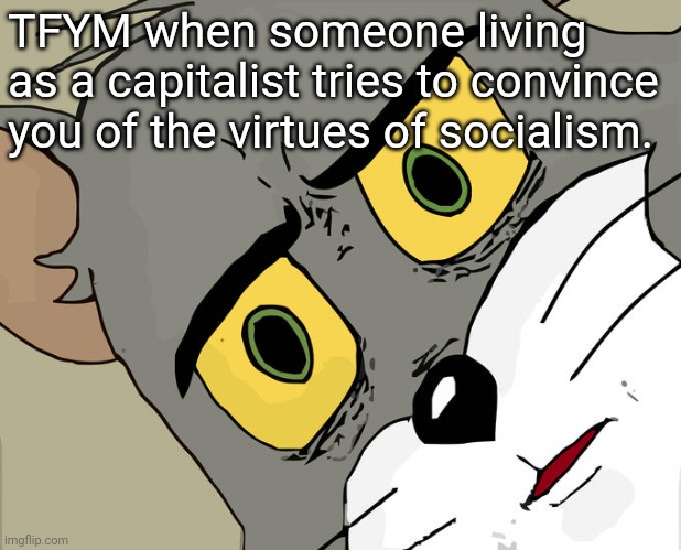 Unsettled Tom Meme | TFYM when someone living as a capitalist tries to convince you of the virtues of socialism. | image tagged in memes,unsettled tom | made w/ Imgflip meme maker