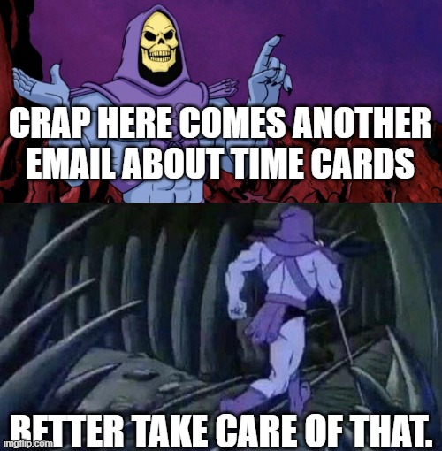 Time Cards | CRAP HERE COMES ANOTHER EMAIL ABOUT TIME CARDS; BETTER TAKE CARE OF THAT. | image tagged in he man skeleton advices | made w/ Imgflip meme maker